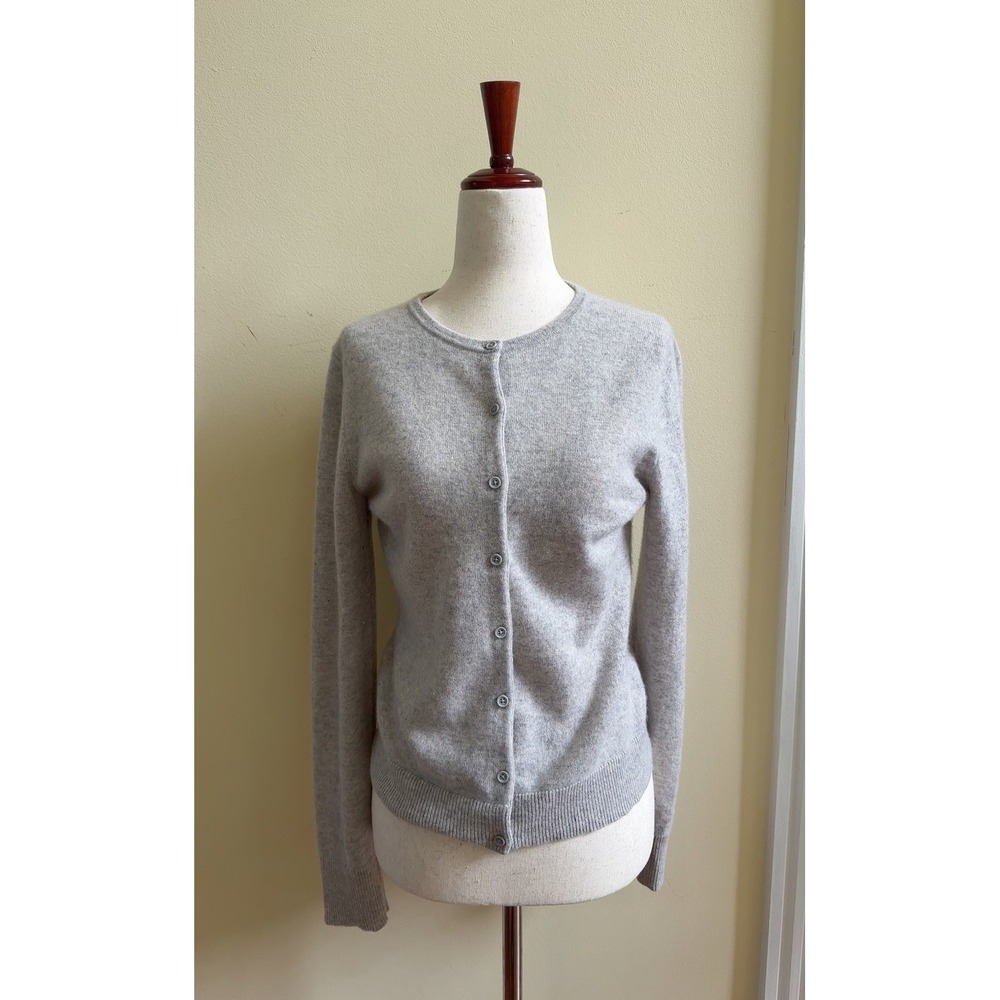 Garnet Hill 100% Cashmere Round Neck Cardigan Light Gray Size S